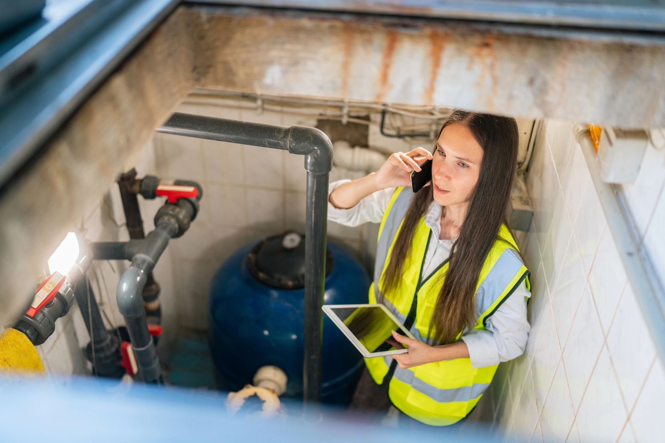 Technician inspecting a residential water heater